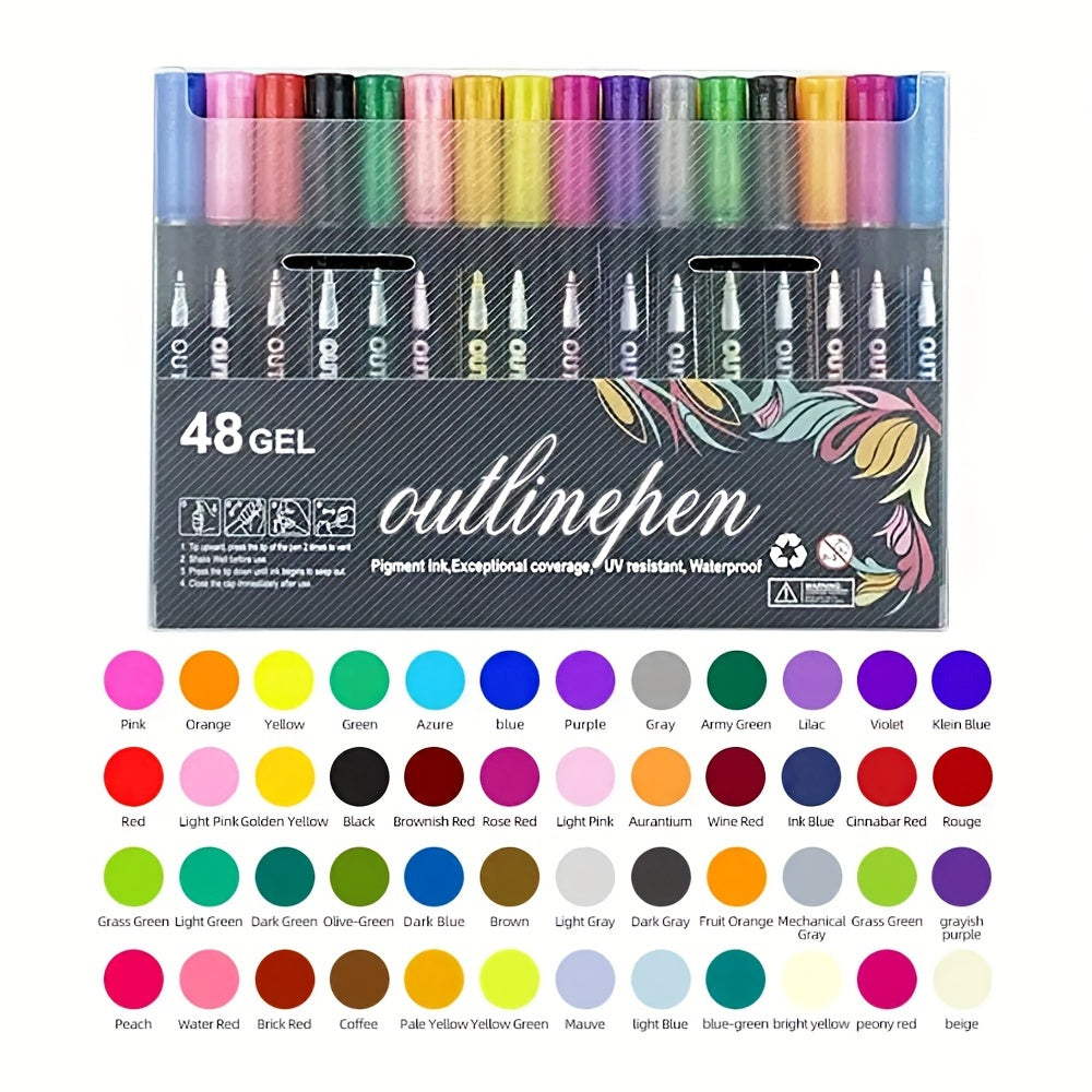 TEMU 48 Color Outline Art Marker Pen Glitter Sparkle Highlighter Diy Painting Drawing Diary Poster Card Art Supplies School Stationery
