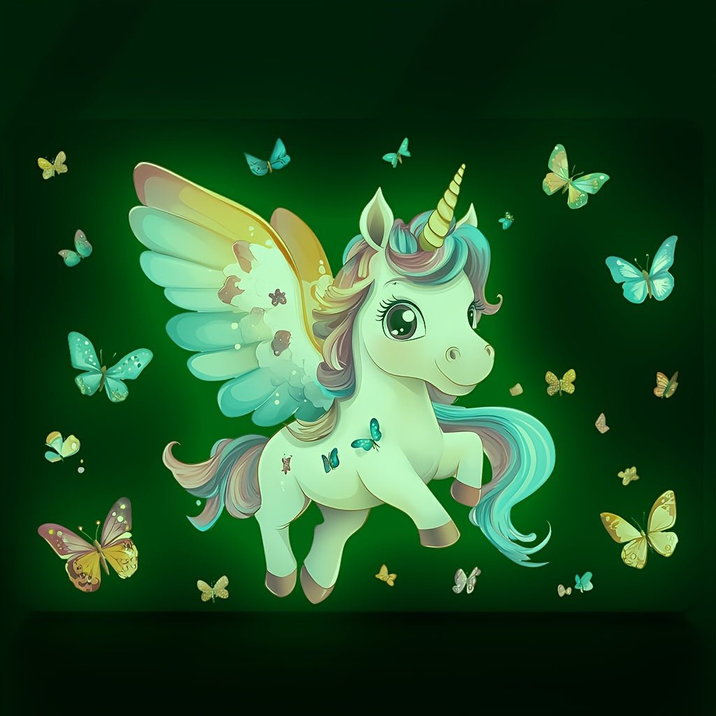 TEMU Glowing Unicorn And Butterflies Wall Decals, Reusable Vinyl Stickers, Washable Self-adhesive Decor For Living Room, Bedroom, Study, Contemporary