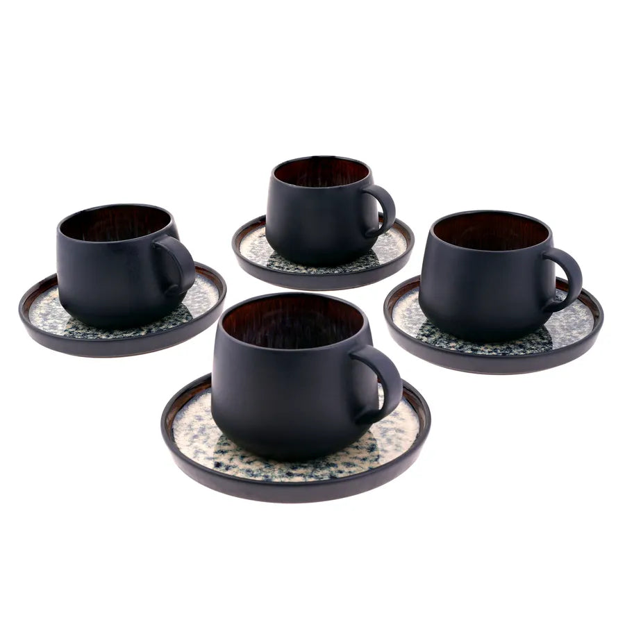 Karaca Galactic 8 Piece Reactive Glaze Tea Cup and Saucer Set for 4 People, 300ml, Black Multi