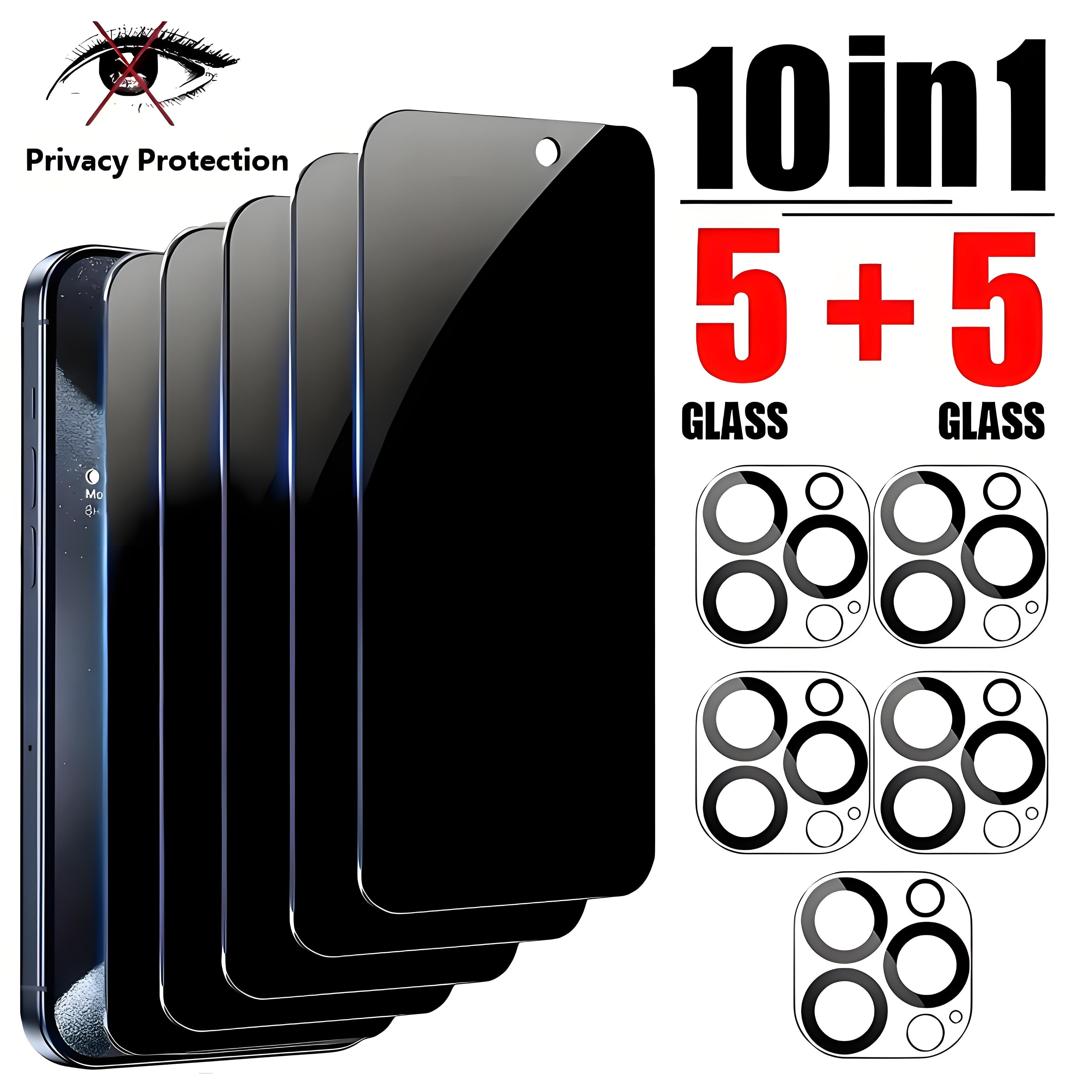 TEMU 10pcs-5+5 Privacy Tempered Glass Screen Protector, Suitable For Iphone 16 Pro Max 15 Plus 14 Pro Max 13 Mini, 9h Hardness With Camera Lens Glass