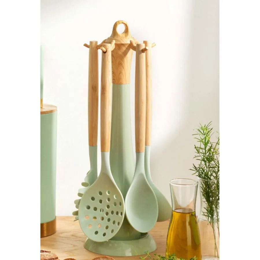 Karaca Woodland Herbal 5 Piece Bamboo Kitchen Utensil Set with Stand, Green