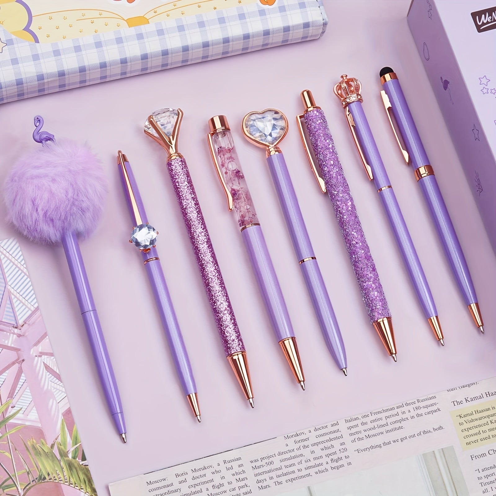 TEMU 8pcs Ballpoint Pens Set Metal Pen Glitter Pen For Journaling Bling In Ink Pretty Cute Pens Fancy Pens Gifts For Women Wedding School Office Desk