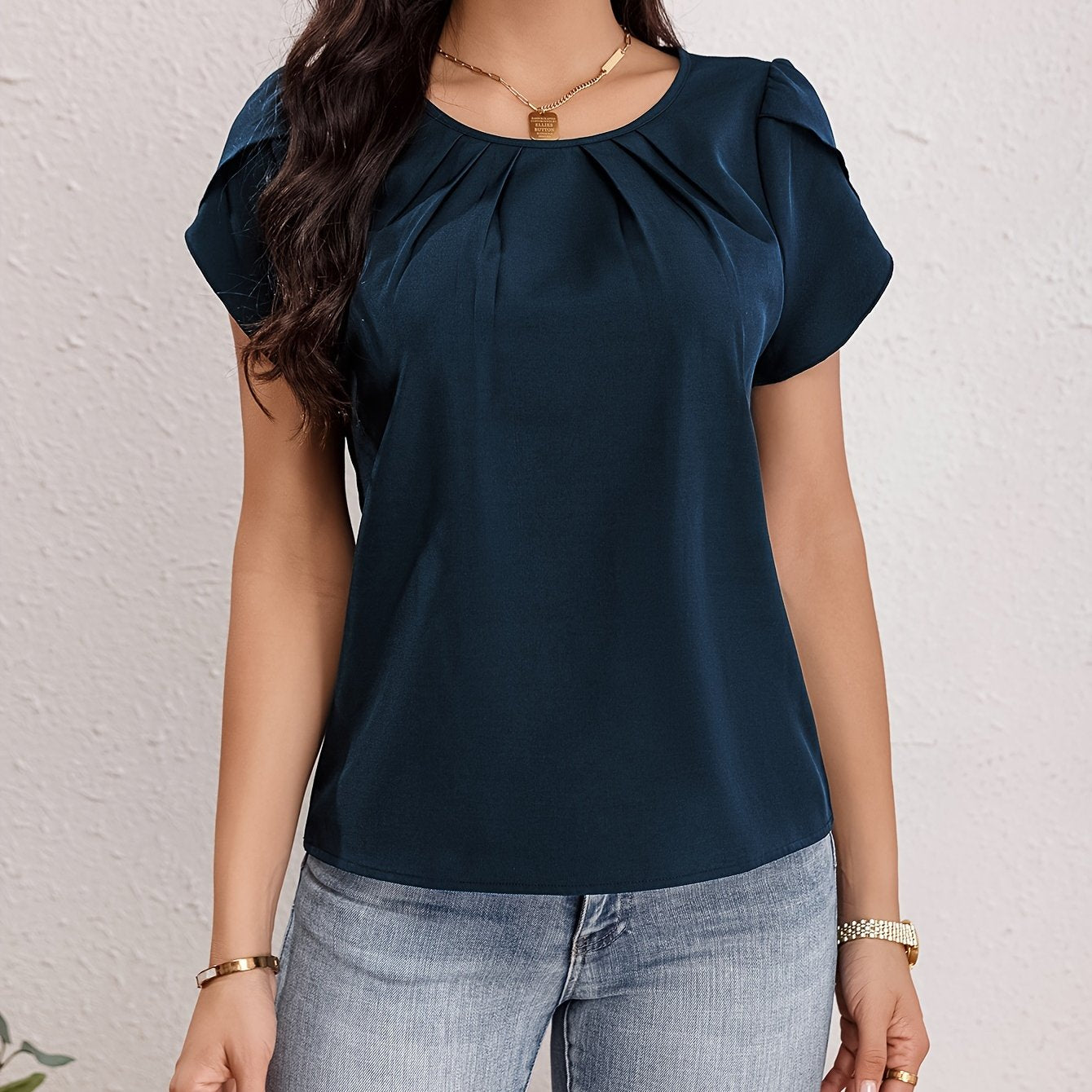 TEMU Solid Crew Neck Blouse, Elegant Short Sleeve Ruched Blouse For , Women's Clothing
