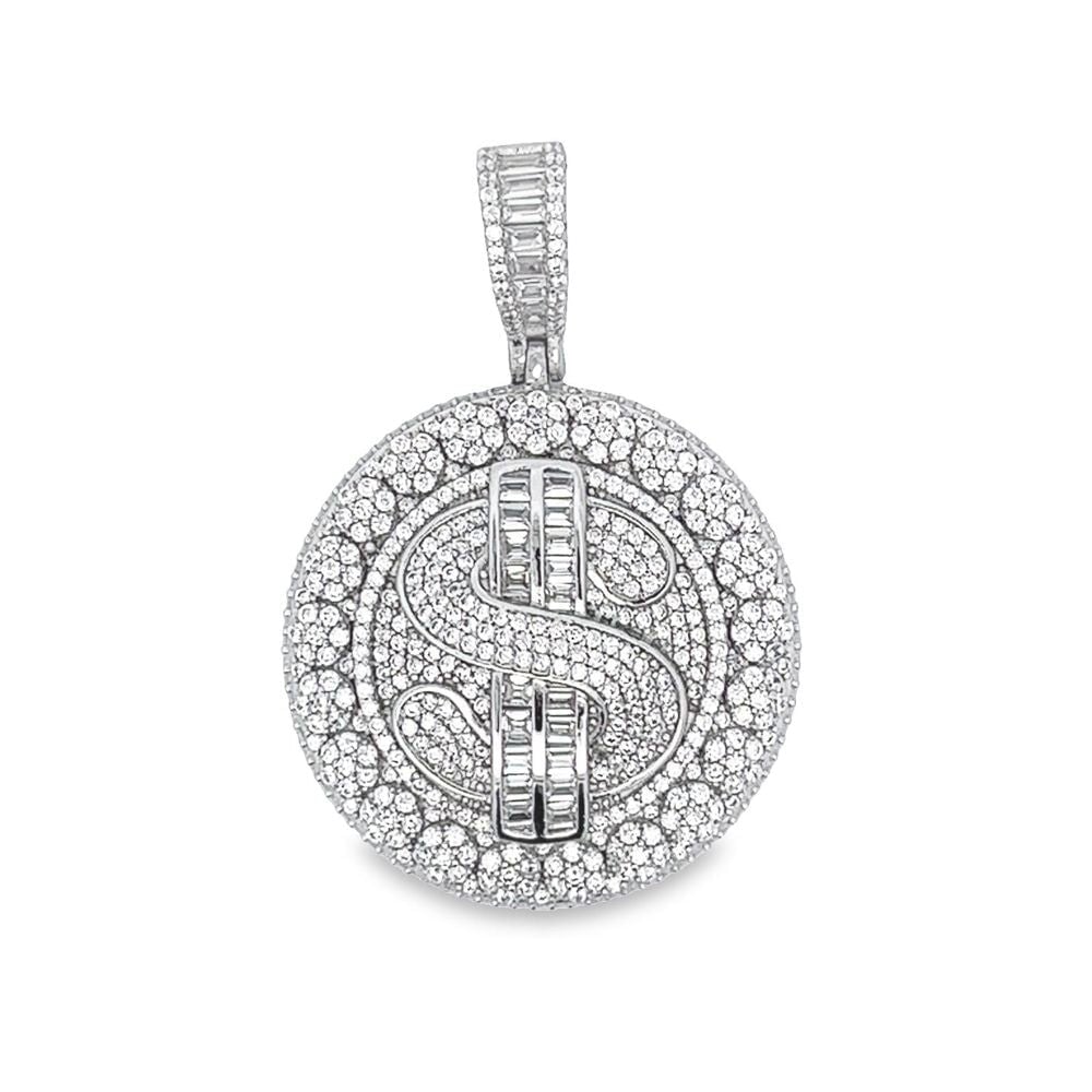 .925 Silver Dollar Sign $ Cluster Medallion CZ Iced Out Pendant