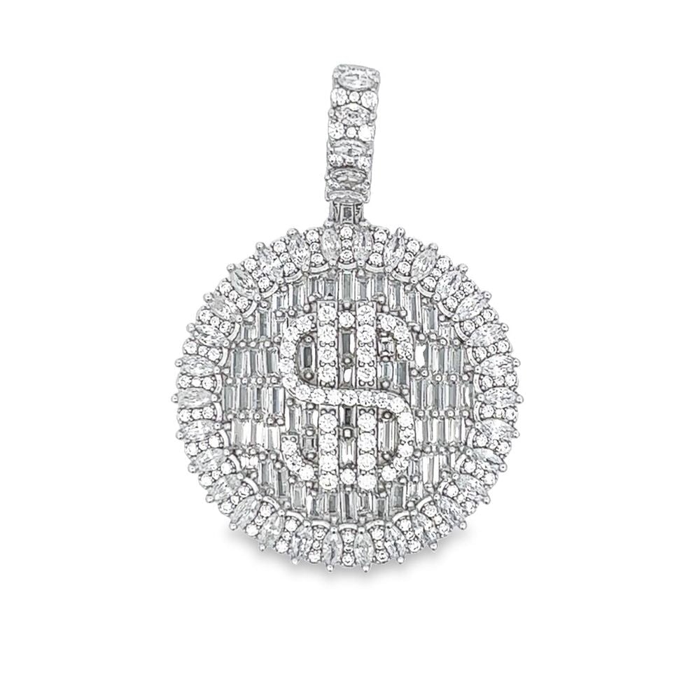 .925 Silver $ Dollar Sign Marquis Baguette Circle CZ Iced Out Pendant