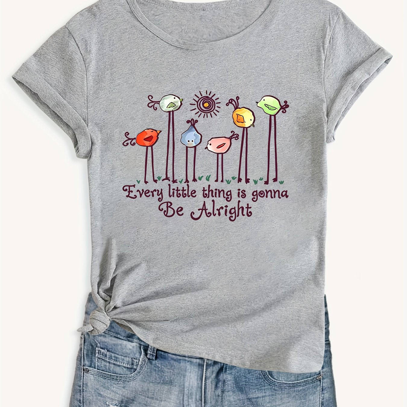 TEMU Plus Size Women's Casual T-shirt - Peace Series Bird & Print, Soft Knit Fabric, Round Neck, Short Sleeve, Machine Washable, Summer Outfits &