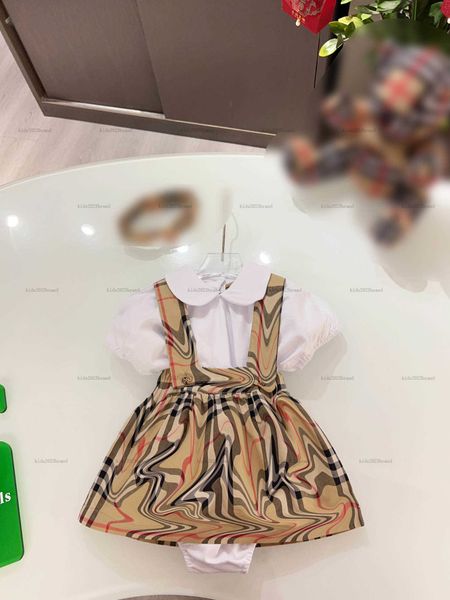 New newborn jumpsuits summer infant bodysuit Size 59-100 check Hairband Flip collar T-shirt And Cross strap dress