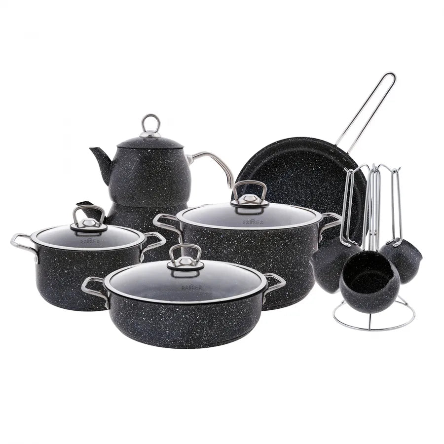 Karaca Biogranite Steel Plus 14-Piece Induction Cookware Set with Teapot and Turkish Coffee Pot Set with Stand, Black