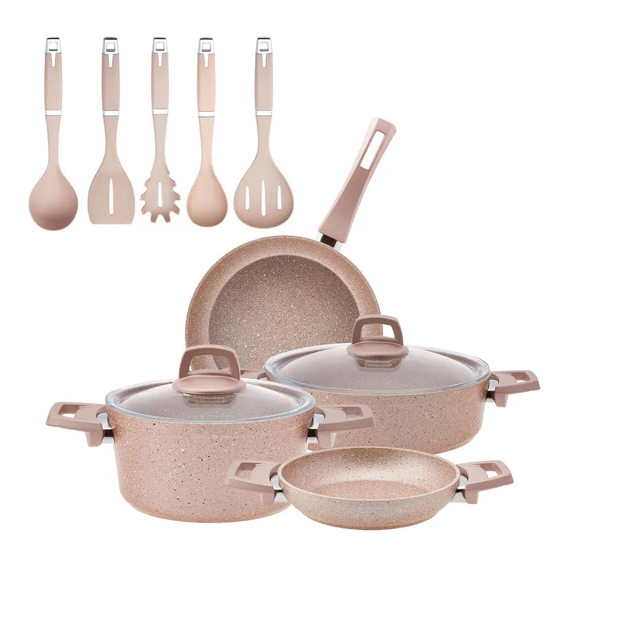 Karaca Biogranite 11-Piece Non-Stick Cookware Set with Kitchen Utensil Set, Rose Gold