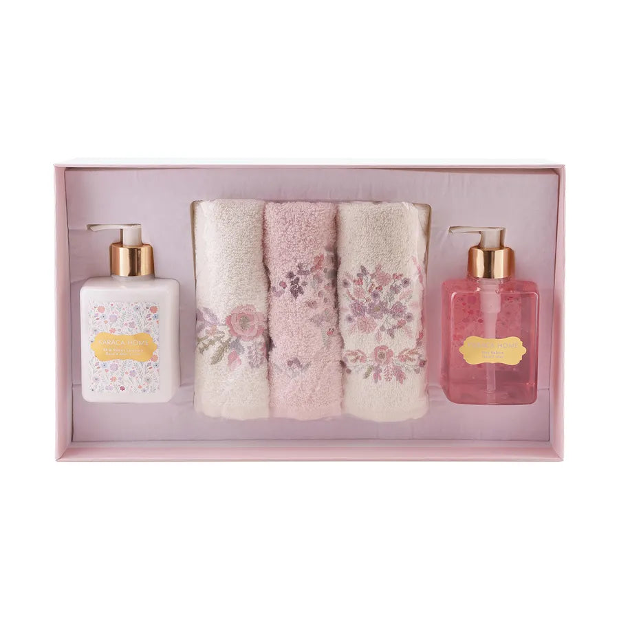 Karaca Home Lovely Hand Towel, Liquid Soap and Hand Body Cream Gift Set, 5 Piece, Multi