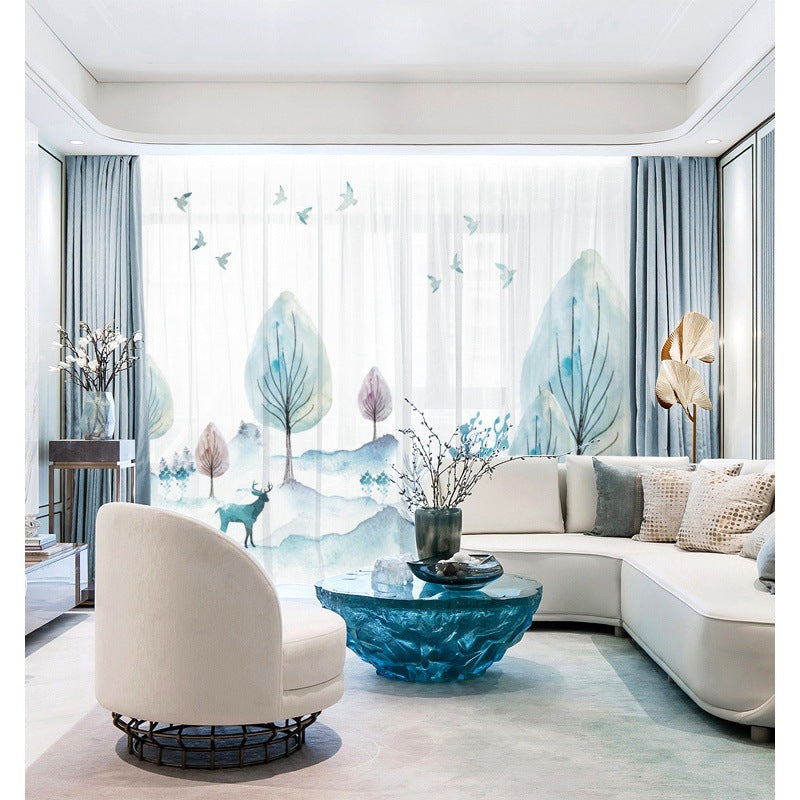 YL-36662 New Whole House Modern American Curtain Dolphin Blue Sky White Cloud Bedroom Blackout Window Screen