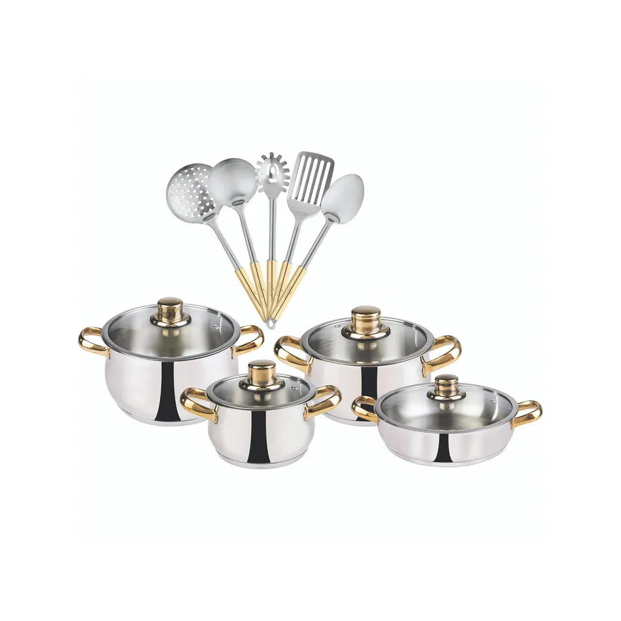 Karaca Rumeli Stainless Steel 13-Piece Induction Cookware Set with Kitchen Utensil Set, Silver Gold