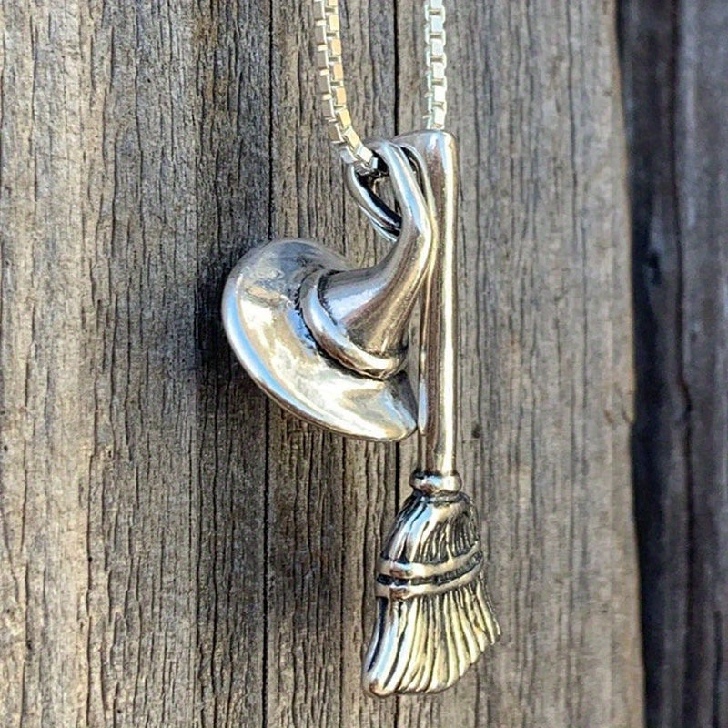 TEMU Elegant Gothic Broom Hat Pendant Necklace - Unique Copper Charm With Delicate Chain, Vintage-inspired Halloween Jewelry For Women, Wear For