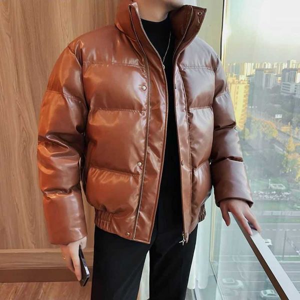 PU leather bread jacket mens winter shiny leather cotton jacket new high-end casual thick warm standing collar cotton jacket