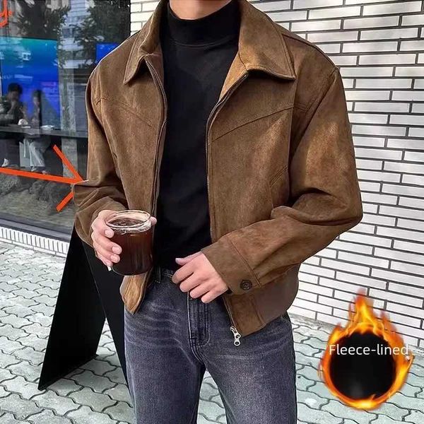 Men&#039;s Jackets Maillard Vintage Brown Coffee Color Chamois Leather Jacket For Men Spring Autumn Loose Fit Cropped Flight Jacket American