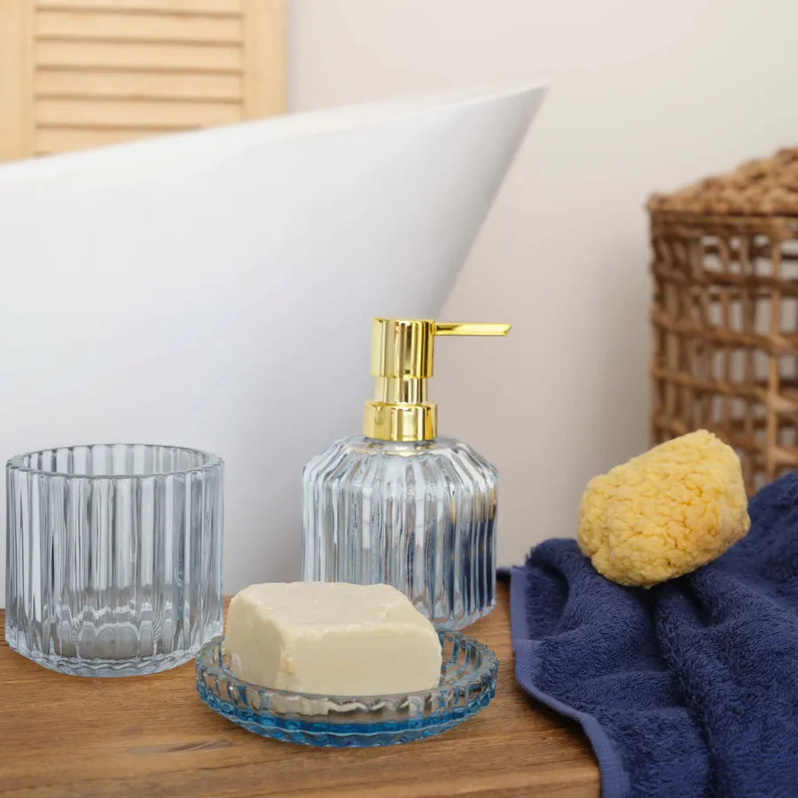 Karaca Home Line Glass Bathroom Accessories Set, 3 Piece, Blue