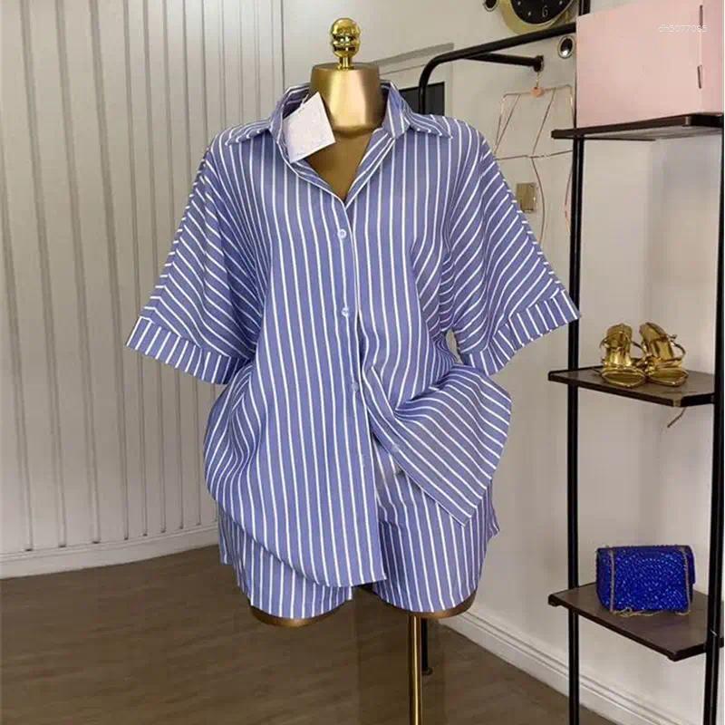 Women&#039;s Tracksuits Clothing 2025 Summer Fashion Blue And White Striped Loose Shirt High Waist Wide Leg Shorts Two-piece Set