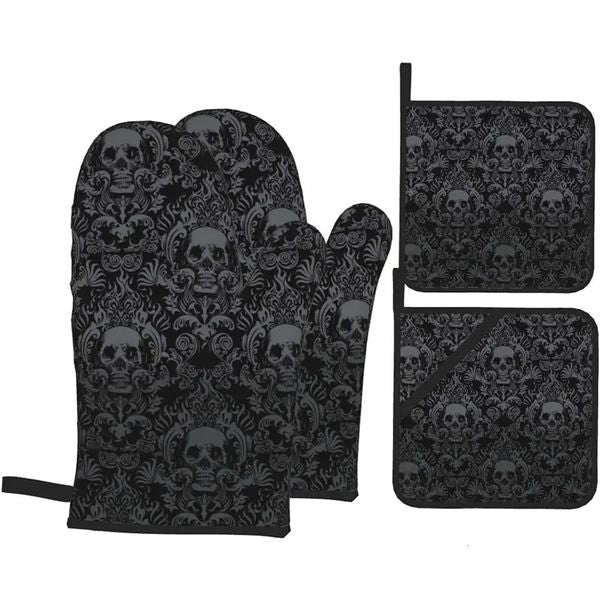 Gothic Skull Flower Black Oven Mitts and Pot Holders Sets of 4 High Heat Resistant Oven Mitts with Oven Gloves and Pads 241112