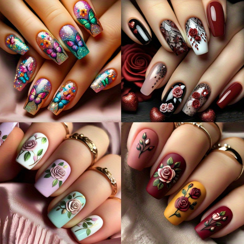 TEMU 96pcs Black Gradient Nail Tips With Cherry Design - (4 Pack) Short Ballet Style, 3d Removable Set, Glossy Finish, Flower Pattern, Ballet Nails