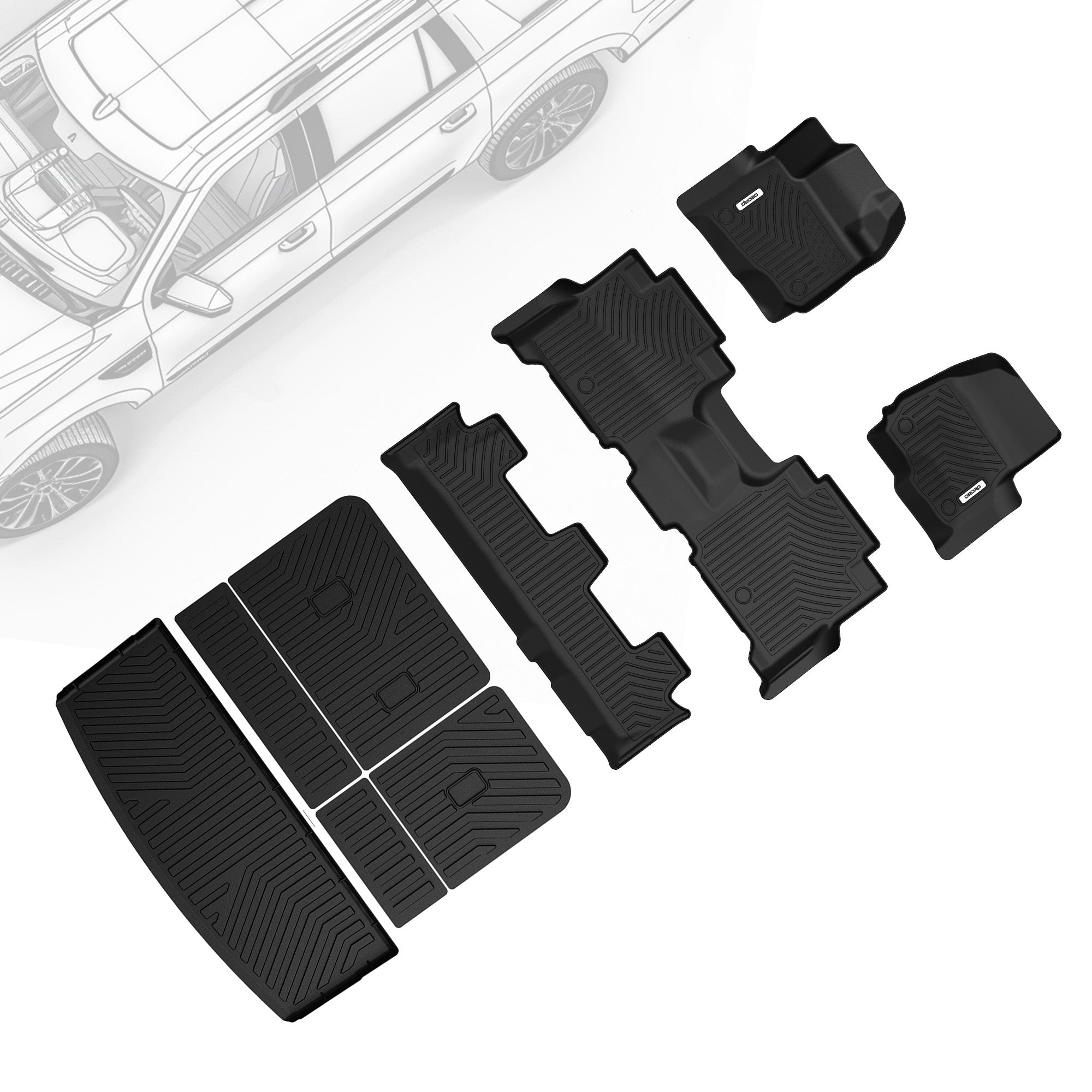 OEDRO Floor Mats Fits for Ford Expedition Bench 2018-2024 8-Seater, Custom Fit TPE All Weather Trunk Mat w- Backrest  Full Mat Set