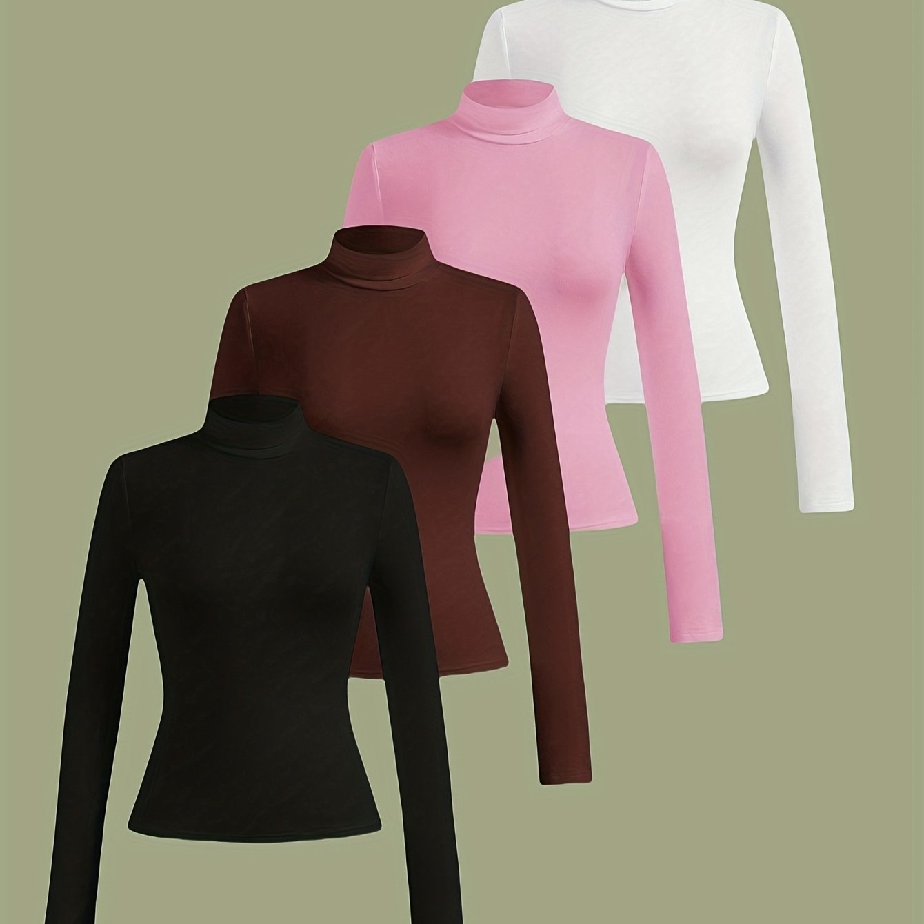 TEMU 4pcs Women's High-neck Long Sleeve Turtleneck Tops - High Casual Solid Color Basic Tops, Machine Washable Layering Essentials For Casual Attire,