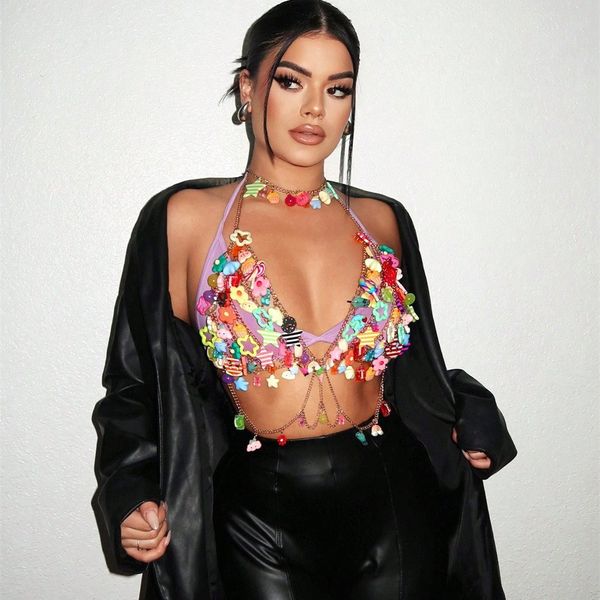 Women&#039;s Tanks Dripping gemstone vest hanging neck hollow bra bikini body chain