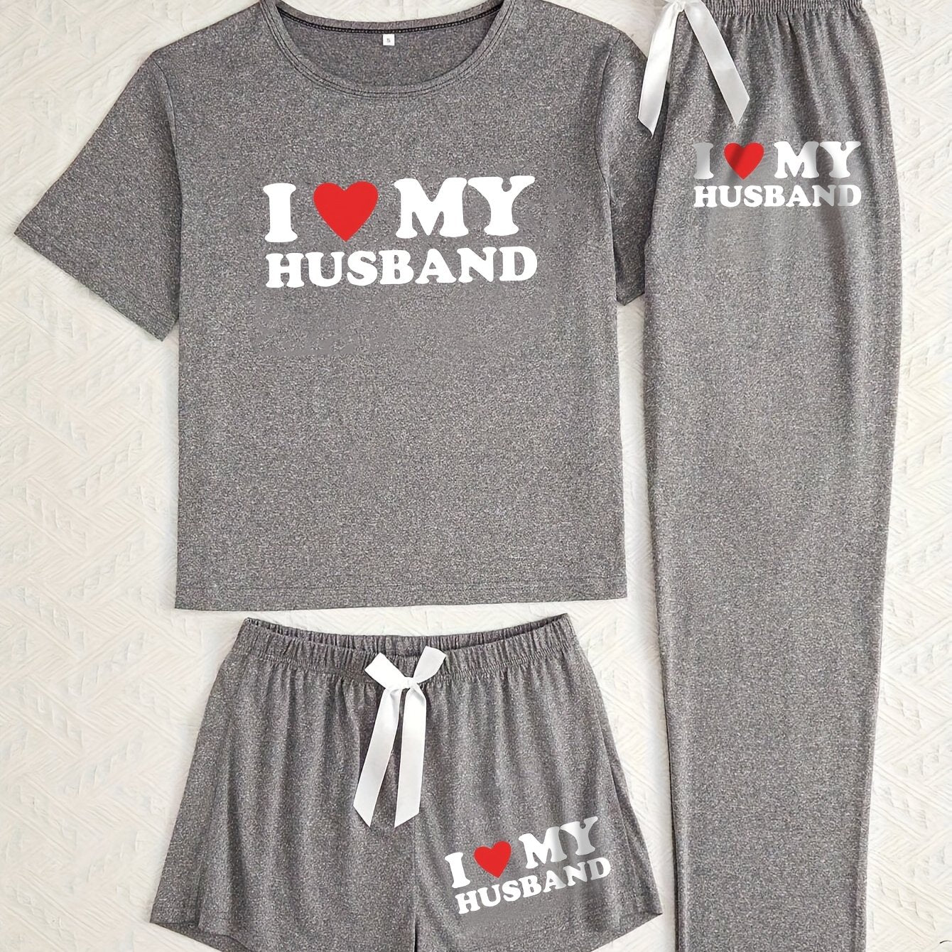 TEMU Women's Valentine's Day "i ️ My Husband" Black Pajama Set - Short Sleeve T-shirt & Matching Shorts & Pants, Romantic Couple's Sleepwear,