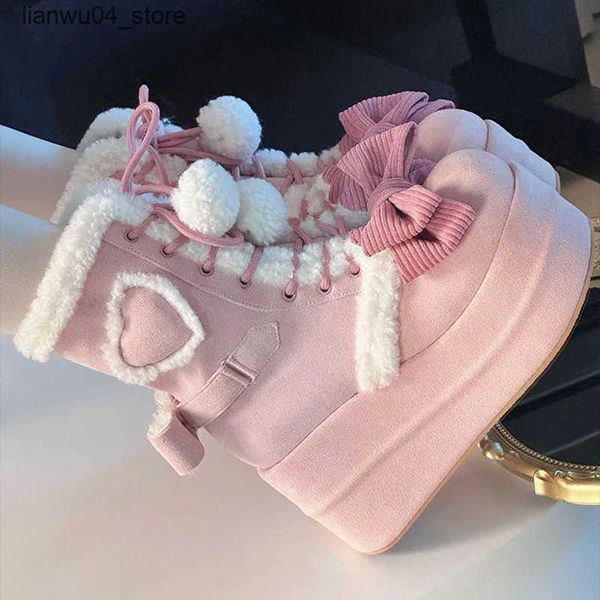 Boots Sweet Winter s Lolita Mid-Calf Snow BootsCute Female Students Plush Warm Bowknots Lace Up Wedge Heel Heightening Shoes H250113