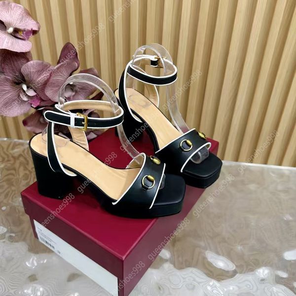 2025 New Brand Sandals Women Coarse Heel Luxury Designer Shoes Casual Leather Ankle Strap Buckle Metal Buckle Decoration Platform High Heels