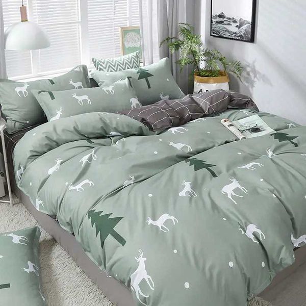 Christmas Bedding Set Flat Sheet Duvet Cover case Combination Green Tree Flower Home Textile Bed Linen FashionC241207