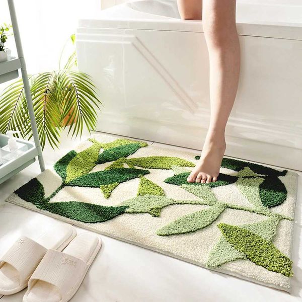Inyahome Green Leaves Flocking Bath Mat Non-slip Absorbent Microfiber Bathroom Rug Home Entrance Door Mat Super Soft Bath matsM240816