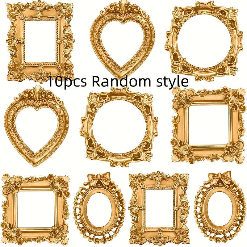 TEMU 10pcs Vintage Golden Resin Photo Frames & Jewelry Display Stands - Antique Floral Mini Frames With Ornate Patterns, Heart, Oval, Rectangular &