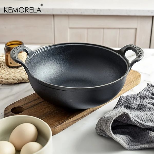 1PCS Cast Iron Pot Uncoated And Non Stick Wok Casserole Kitchen Cooking With Handle Skillet Cookware Pan 241120