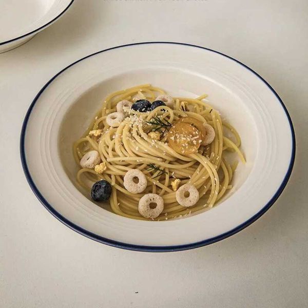 Simple Ceramic Straw Hat Plate Blue Rim Pasta Soup Plate Breakfast Fruit Vegetable Salad Deep Disc Dessert Cake Dish Y250208
