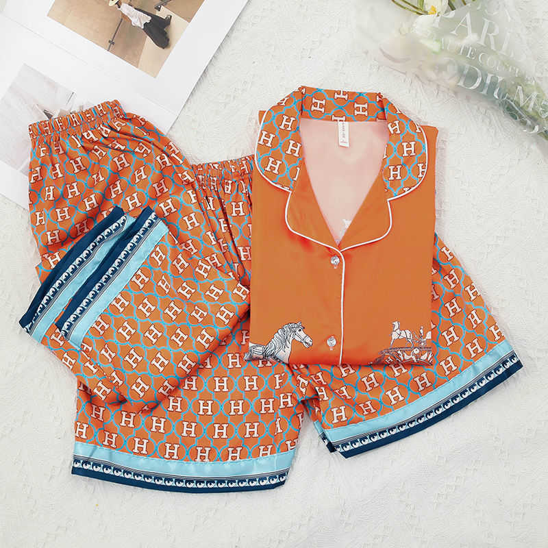 Women&#039;s Sleepwear Designer Sleepwear pajama Summer h Ma Orange Ice Silk Spring and Autumn High Beauty Thin Three Piece Home Furnishing Set