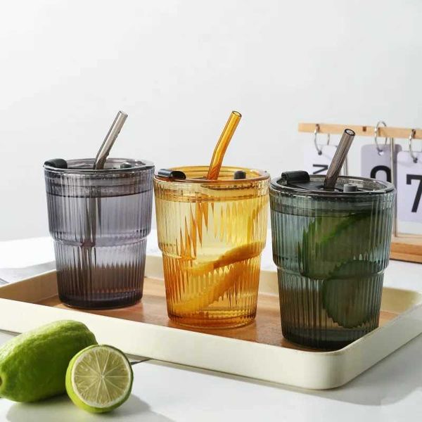 Net Red Wind Vertical Stripes Ins Coffee Glass Lid Straw Water Cup Good-looking Ice American Coffee Mug Latte Milk Cup 450ml Y240813
