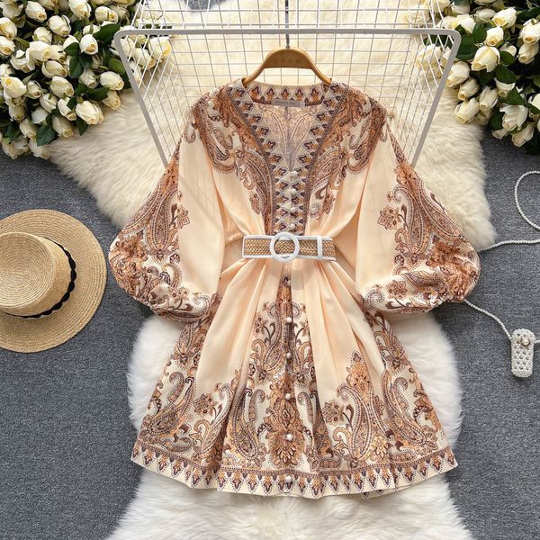 dress Designer Women Dresses Spring Runway Fashion Paisley Print Vintage Dress V Neck Long Lantern Sleeve Belted Mini Dress