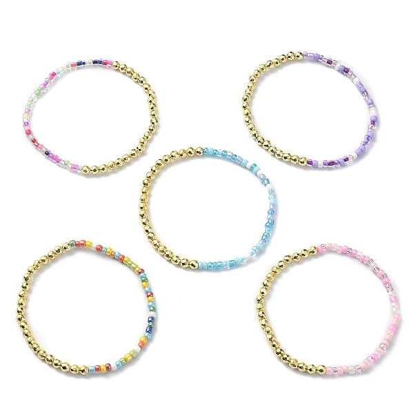 Bracelet extensible en hématite synthétique non magnétique et perles de graines de verre