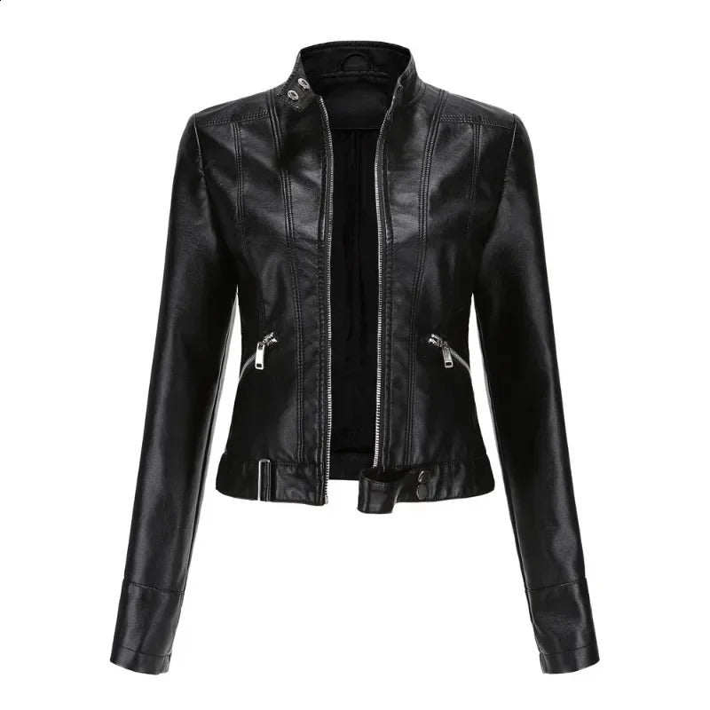 Spring and autumn standing collar womens thin leather jacket model womens leather jacket short thin and fitted 241120