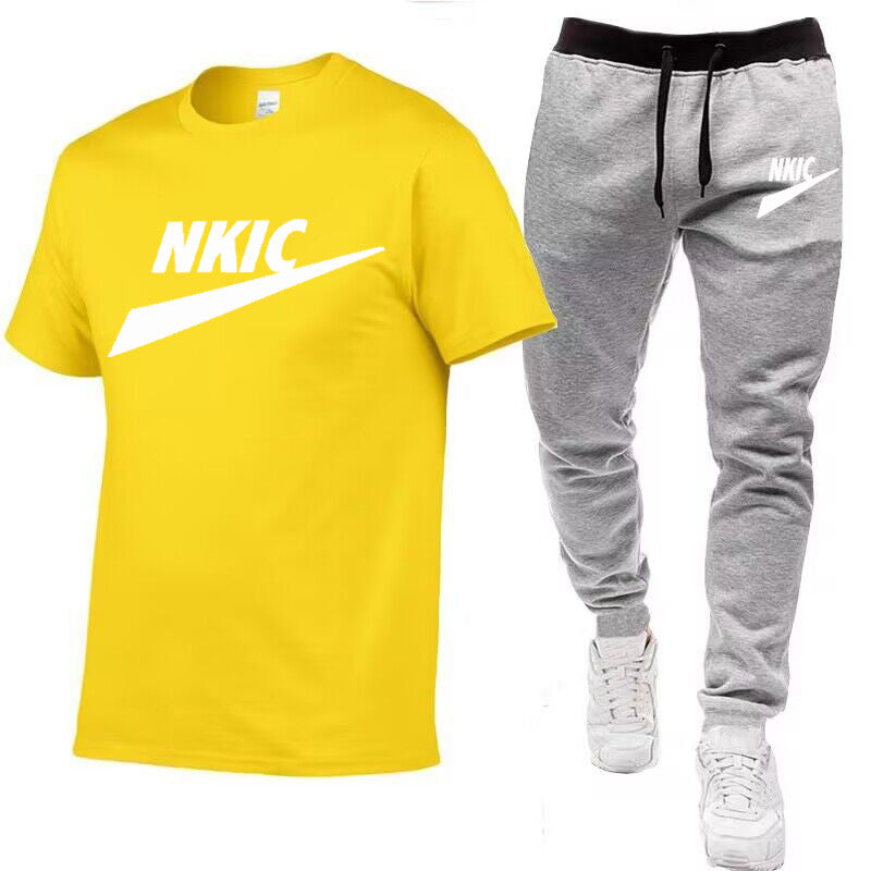 New Summer Clothes Fashion Man Tracksuits Brand LOGO Print Solid Color Sleeve T Shirt Trousers Suit Long Pants Street Clothes Men Clothing Set