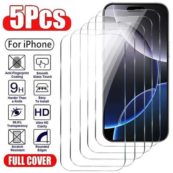 Cell Phone Screen Protectors 5Pcs Full Cover Anti-Burst Tempered Glass For iPhone 16 15 14 Plus 13 12 Pro Max Screen Protector Protective Fi