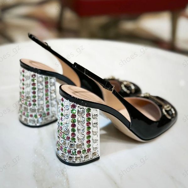 Top quality Chunky Crystal Block heel sandals High-heels pumps Slingbacks Dress shoes Real leather Luxury designer heels Office shoes Evenin