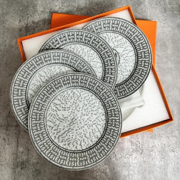 YX 4 Plates Pcs 8 Inch Steak Dinner Plate Ceramic Breakfast Dim Sum Cake High-Grade Refined Dessert Gift Box