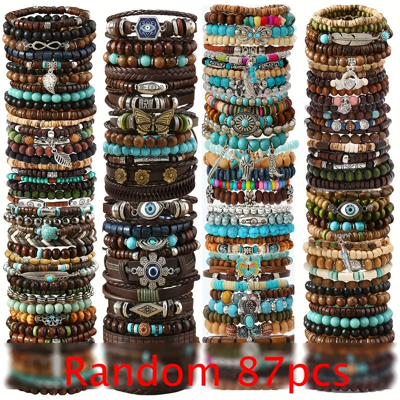 TEMU 25-43-87pcs Handmade Wooden Beaded Bracelet Set With Alloy Pendant, Random Color, Christmas Gift, Popular Wooden Bead Handmade Couple Bracelet