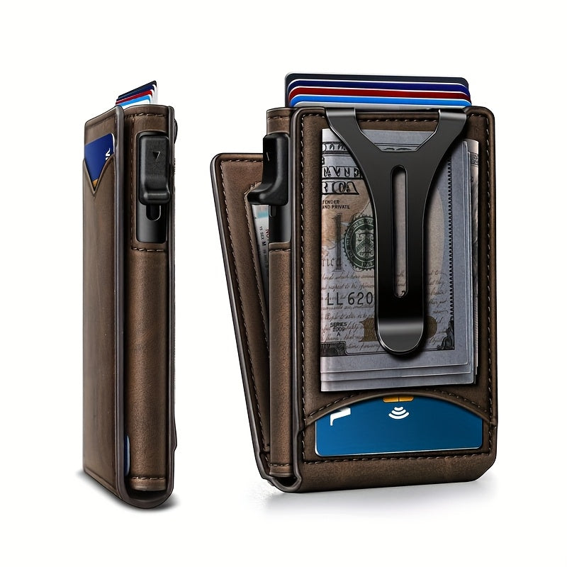 TEMU Men's Slim Rfid Blocking Wallet With Pop-up Card Holder - Ultra-thin Metal Wallet, Anti-theft Id Window, For Everyday & Formal Use - Organizer