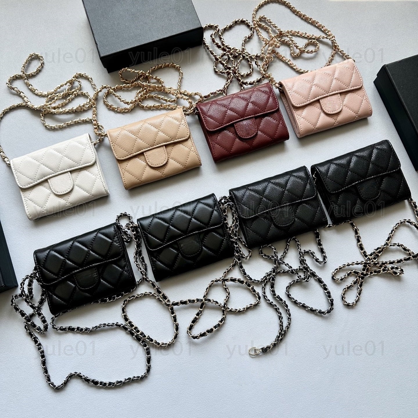 Designer Wallet Women Coin Purses with Chain High Quality Lambskin - Caviar Calfskin Leather Luxury Card Holder Small Wallet Mini Pure Classic Flap