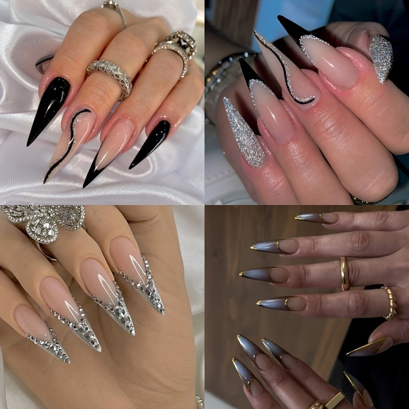 TEMU 4pack (96 Pcs) Press On Nails Long Stiletto Fake Nails Glossy Glue On Nails Bling Glitter French Tip Acrylic Nails Almond Artificial Nails Nude