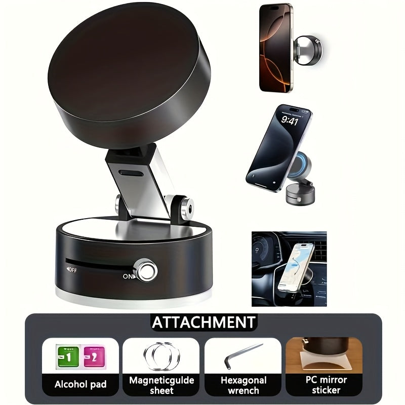 TEMU Strong Magnetic Phone Holder With Vacuum Suction Cup Base - Foldable Adjustable Arm, Suitable For Cars, Kitchen, Bathroom, Desktops, Mirrors -