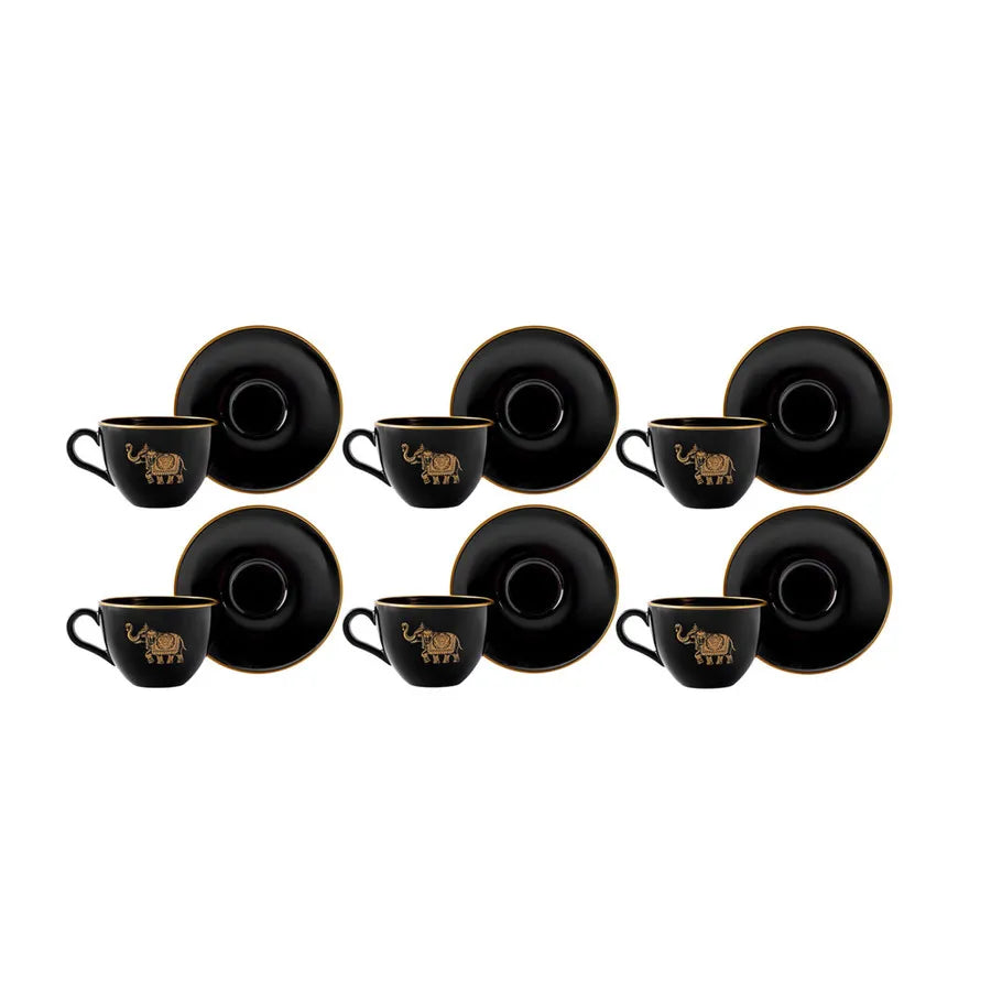 Karaca Katzze 12 Piece Glass Tea Cup and Saucer Set for 6 People, 240ml, Black Gold