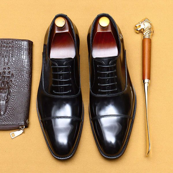 Footprint For Men, Formal Business, Real Cowhide, Pointed Three Joint Oxford Shoes, Patent Leather Glossy Black Men&#039;s Shoes